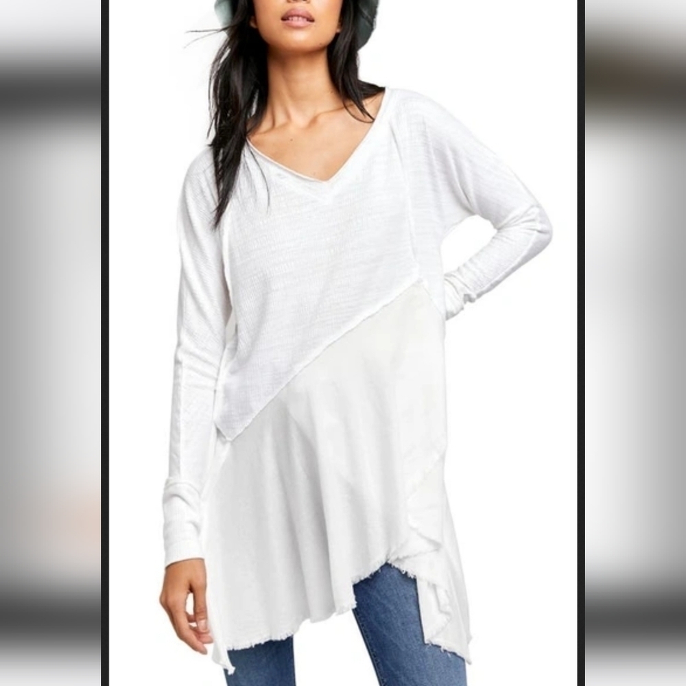 Free People Comin In Hot Tunic In White Small Assymetrical Handkerchief Hem